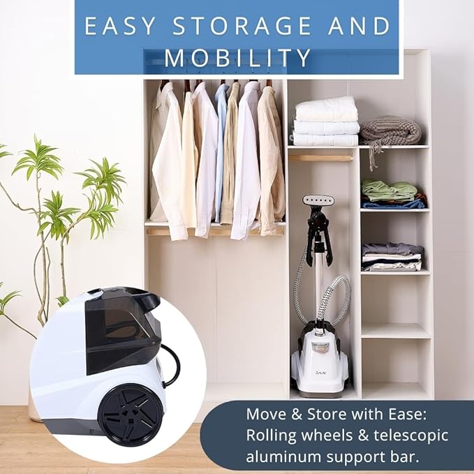 SALAV Commercial-Grade Standing Garment Steamer for Clothes with Auto-Off Safety 1800W Powerful Steam X-Large 3L Water Tank, 90-Min Continuous Use, Pedal-Control System, Beeps when Out of Water, White