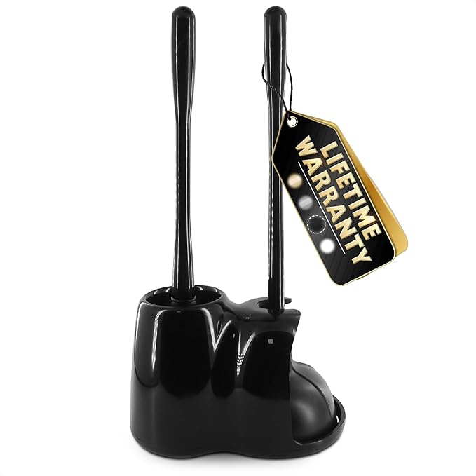 2-in-1 Black Toilet Brush and Plunger Set with Holder – Compact Bathroom Cleaning Combo, Strong Rubber Plunger & Stiff Bristle Brush, Space-Saving Stand, Fits Most Standard Toilets, 9.3×6.3×15.2 inch