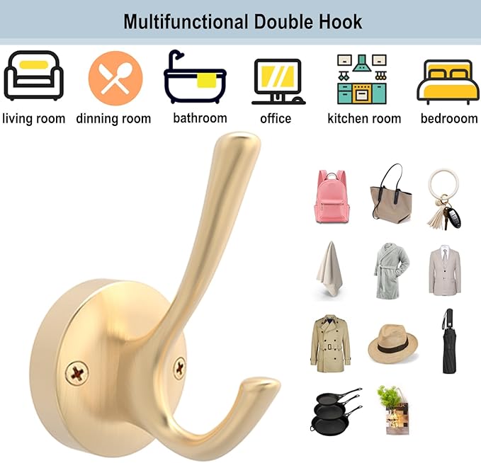 Gold Coat Hooks for Wall, 3 Pack Towel Hook Heavy Duty Metal Double Bath Robe Hook Wall Mount, Hat Hooks for Cubicle Bathroom Kitchen Closet Garage
