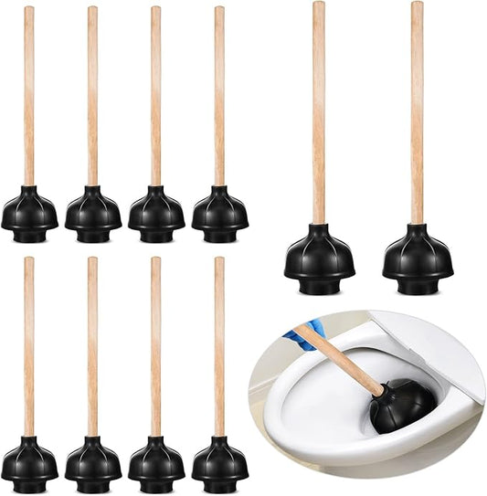 Tanlade 10 Pcs Toilet Plungers for Bathroom Heavy Duty 18 Inch Bulk Black Commercial Plungers with Double Thrust Force Rubber Suction Cup and Long Wooden Handle for Stores Restaurants