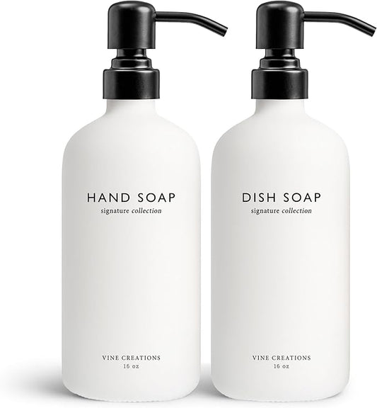 Vine Creations White Glass Soap Dispenser Set, Dish Soap and Hand Soap Dispenser Set with Stainless Steel Pump, 16 oz Glass Dispensers for Kitchen or Bathroom Decor (Matte White Bottle/Matte Black)