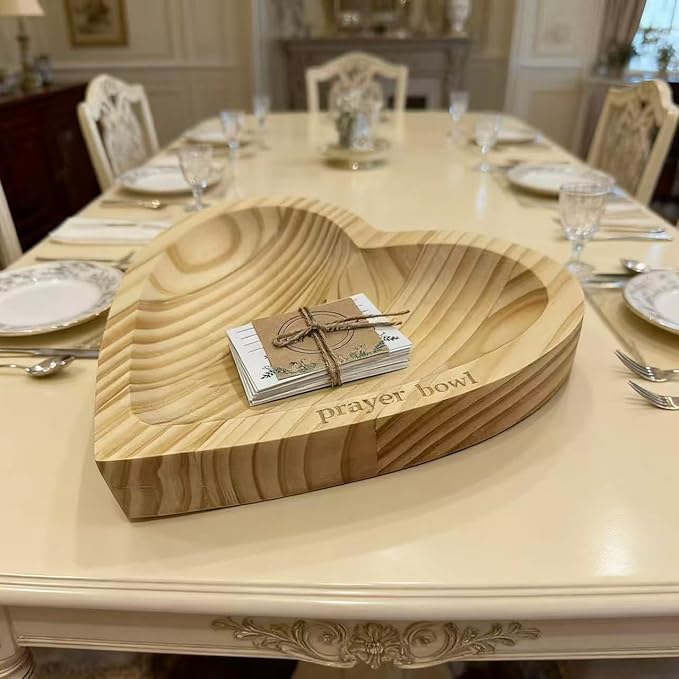 Heart Prayer Bowl with 24 Cards - Christian Heart Shaped Wooden Dough Bowl for Baptism, Handcrafted Religious Gift for Thanksgiving/Christmas/Wedding/Easter, Home Decor Accessory