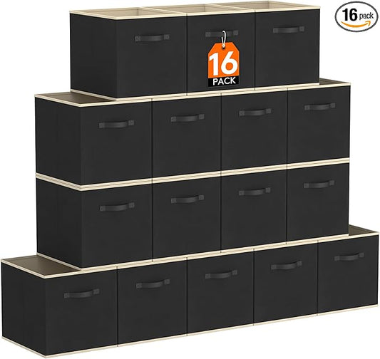 Lifewit 16 Packs Storage Cubes, 11 Inch Cube Storage Bins, Foldable Decorative Fabric Storage Baskets for Organizing Home Organizers with Handles for Shelves, Closet, Black