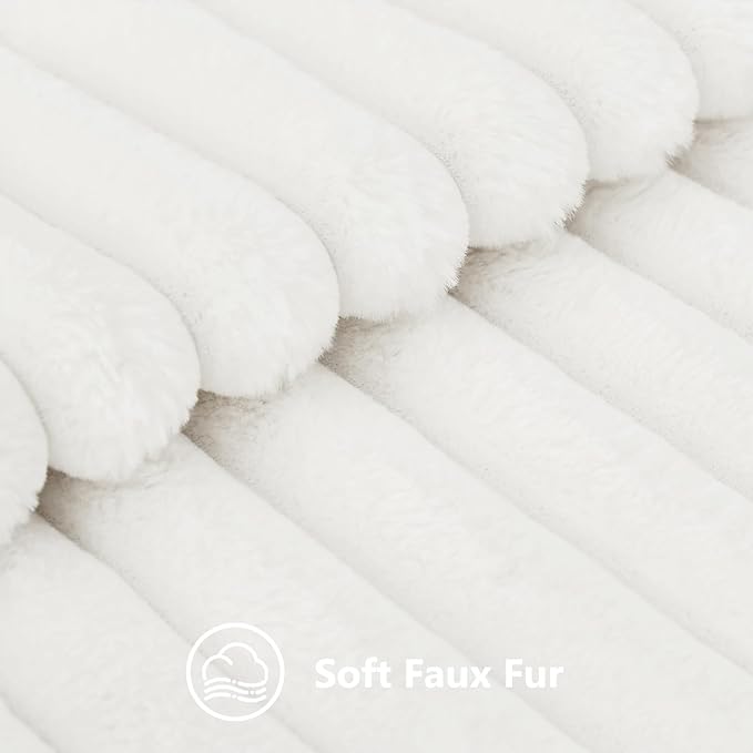 decorUhome Faux Fur Spring Throw Pillow Covers 16x16 Set of 2, Decorative Soft Plush Striped Neutral Couch Pillow Covers with Velvet Back for Sofa, Bed, Living Room Home, White