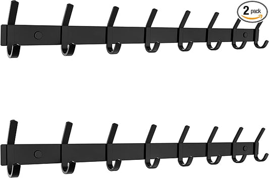 Matte Black Coat Rack Wall Mount – 24 Inch Stainless Steel Hook Rail with 8 Double Coat Hooks – Wall Mounted Entryway Organizer for Coats, Hats, Bags, Towels, Robes, Closet or Bathroom - 2 Pack