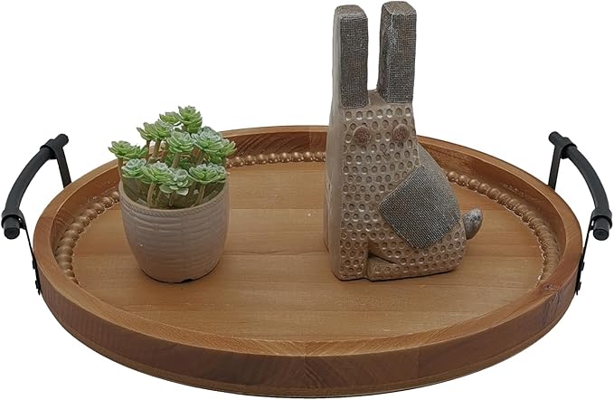 Oval Rustic Wooden Decorative Tray, Serving Tray with Metal Handles, Ottoman Coffee Table Tray, Farmhouse Centerpiece for Kitchen or Living Room (Brown)