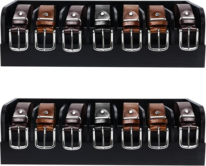 GTI Belt Organizer,2pcs 7 Compartments Belt Organizer for Closet and Drawer, Bamboo Display Case for Tie and Belt, Belt Storage Organizer for Men Women (Black)