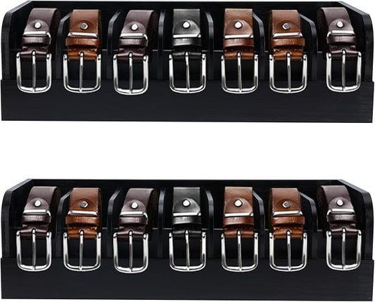 GTI Belt Organizer,2pcs 7 Compartments Belt Organizer for Closet and Drawer, Bamboo Display Case for Tie and Belt, Belt Storage Organizer for Men Women (Black)