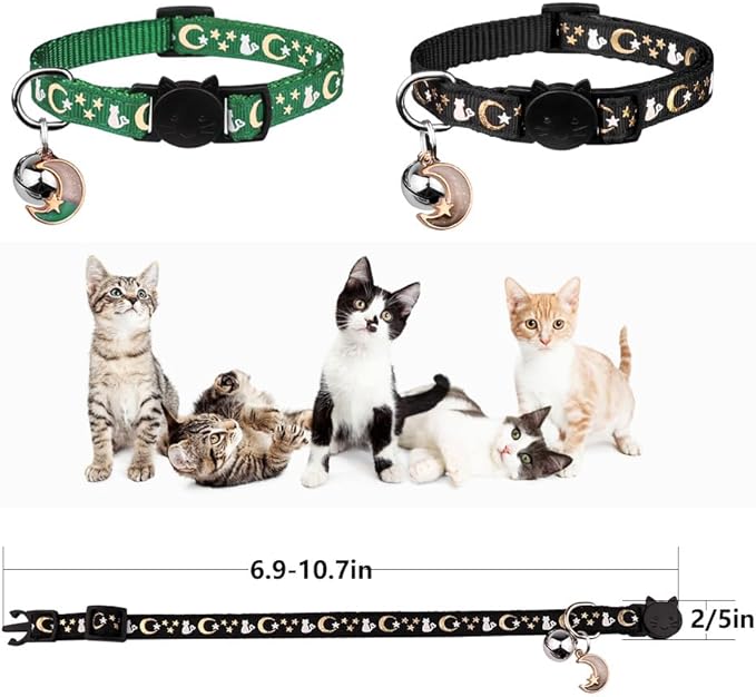 Baeuppit 2PCS Breakaway Cat Collars with Bell Cute Kitty Glow in The Dark Adjustable Kitten Collars(Deep Green&Black)
