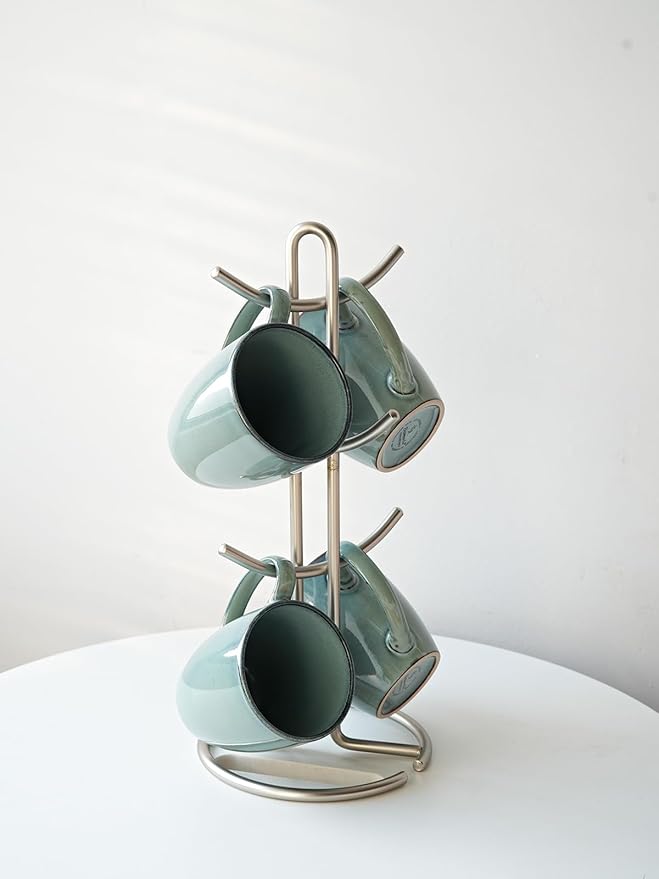 Bosmarlin Ceramic Coffee Mug Set of 4, 17 Oz, Coffee Cups with Big Handle, Microwave Safe, Unique Reactive Glaze (Lake Green, 17 Oz)