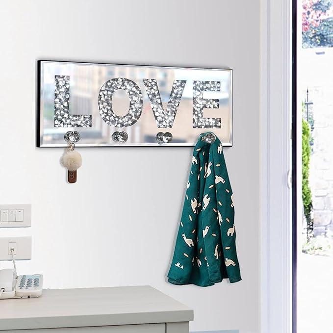 Crystal Mirrored Love Letter Plaque Sign Key Holder, Silver Mirror Decoration, Wall Mounted Home Decor, 15"5.9"1.6"