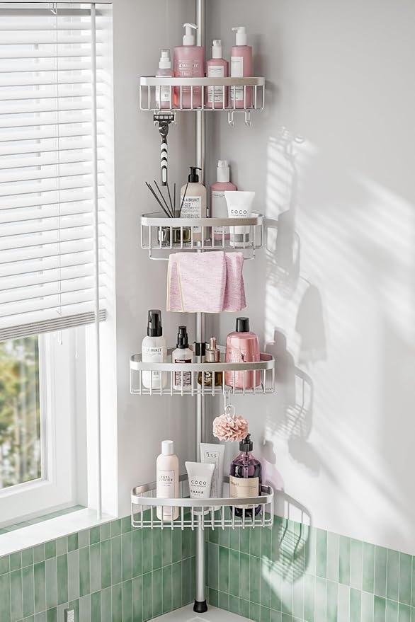 Corner Shower Caddy Tension Pole: Adjustable Rustproof 4-Tier Inside Bathroom Organizer - 47-121 inch Quick Installation Bathtub Shelves for Shampoo Storage - Rod Floor Standing Bath Rack