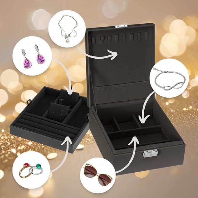 2 Layer Jewelry Box, Jewelry Organizer For Woman, Men & Girls Large Case 8.5x7.5x3.3in | PU Leather Jewelry Gift Storage Boxes For Ring, Necklace & Bracelet With Lock (Black)
