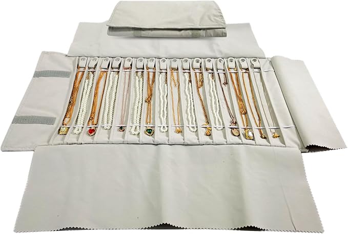 Portable Jewelry Roll Untangled Secure Necklace Travel Storage Bag Displays Holder 16 Chain (Beige)