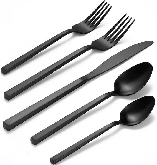 Alata Cube Matte Black 40-Piece Flatware Set, Forged Cutlery Set, Service for 8, Stainless Steel Tableware with Square Handle for Home/Restaurant, Dishwasher Safe