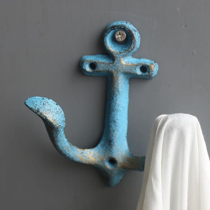 KiaoTime (Blue) Vintage Rustic Cast Iron Nautical Anchor Design Wall Hooks Coat Hooks Rack, Decorative Wall Mounted Antique Shabby Chic Metal Home Bathroom Towel Coat Hooks Hanger