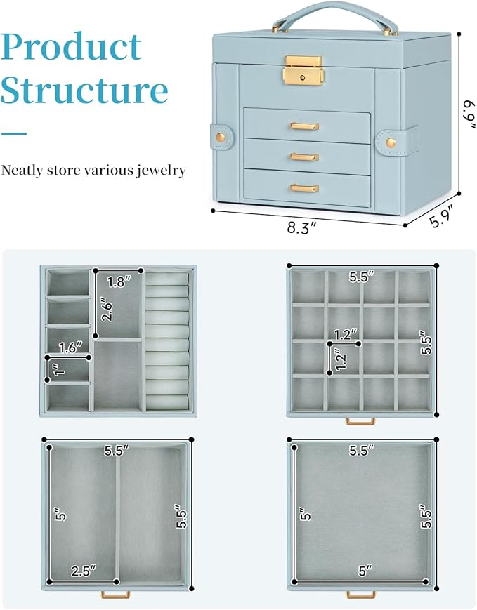 TORIBIO Jewelry Box for Women, Leather Jewelry Organizer with Mirror & Lock, 4-Tier Jewelry Storage Organizer with 3 Drawers for Girls/Women/Mothers, Necklace Earring Bracelets Holder Organizer