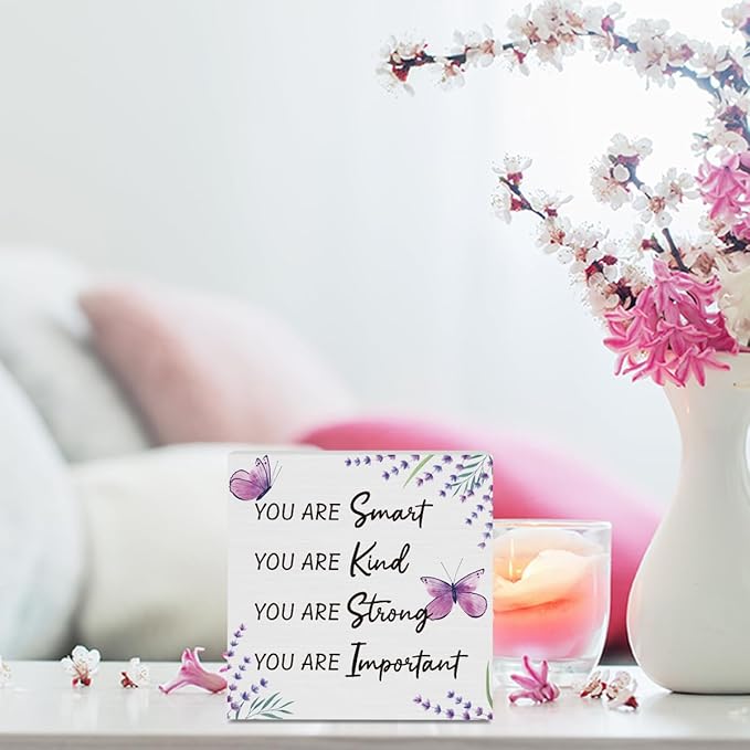 Purple Decor,Purple Butterfly Decorations,Inspirational Butterfly Decoration,Lavender Decor for Office Room Bathroom Living Room Home Nursery for Girls Teen Wooden Box 5 x 5 Inch