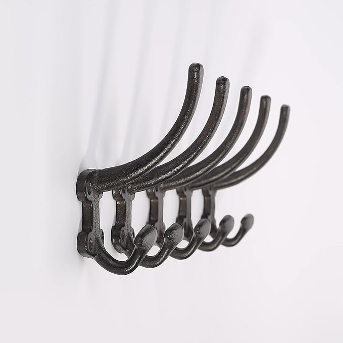 Ambipolar 5-Pack Decorative Cast Iron Heavy Duty Double Wall Hooks, Vintage Hooks in Antique Black Coat Hooks Wall Mounted for Mudroom, Hat Rack