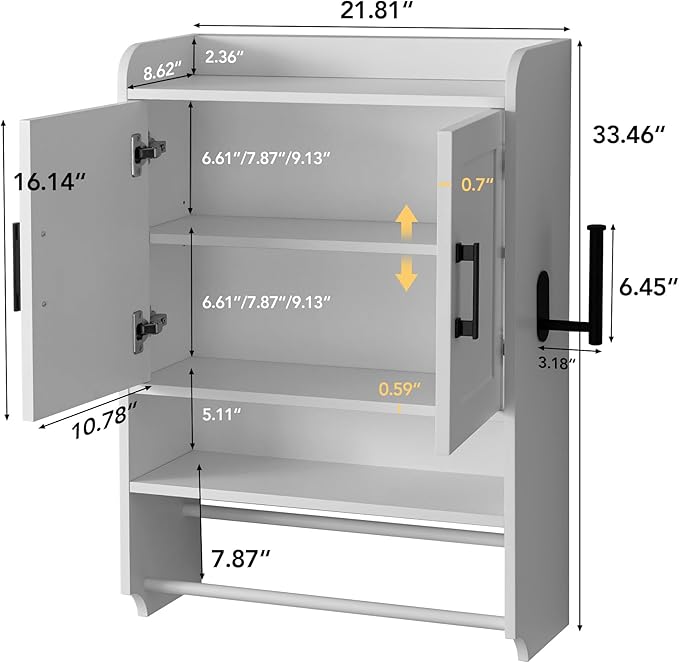Bathroom Wall Cabinet with Door, Over The Toilet Wood Hanging Medicine Cabinets with DIY Lighting for Laundry Room Kitchen Storage