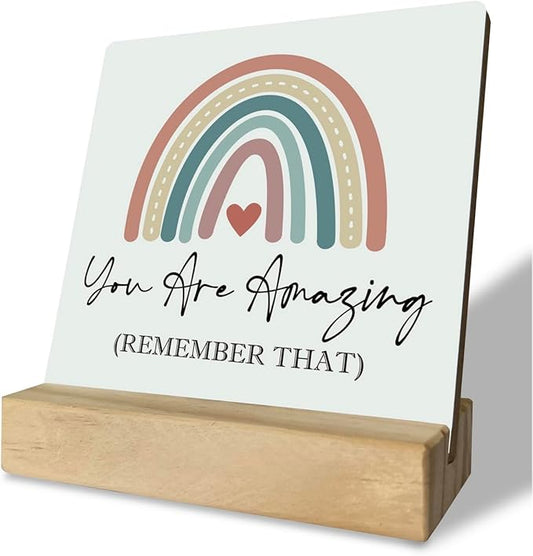 Primitive Wooden Sign, You are Amazing Remember That, Desk Plaque with Wooden Stand 4 x 4.3 inches, Rustic Home Decor, Farmhouse Sign, Inspirational Quotes Gifts for Friend Family, Cheer Up Gift