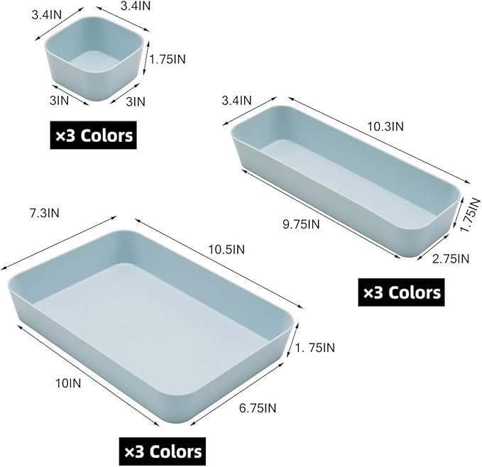 Backerysupply (9 Piece Set) Large Size Plastic Desk Drawer Organizers For Makeup Bathroom Office Kitchen Three Colors