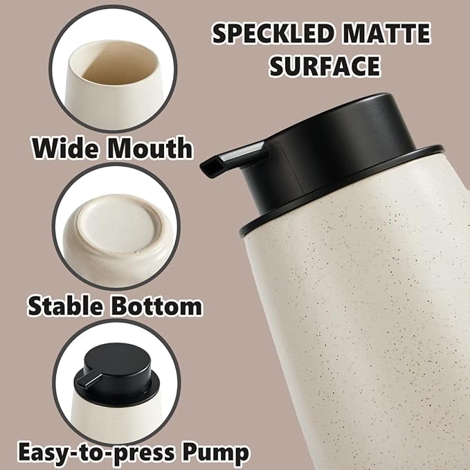 12Oz Ceramic Liquid Soap Dispenser - Modern Lotion Hand Soap Dispenser with Easy-to-Press Black Pump, Reusable and Refillable Dish Soap Dispensers for Bathroom & Kitchen, Speckled Matte Beige
