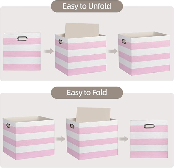13x15x13 Storage Cube Bins, Foldable Storage Cubes, Fabric Organizer Basket Bin, Striped Containers Decorative Storage Boxes for Shelves Wardrobe Closet Home Office, 4 Pack, Pink/White