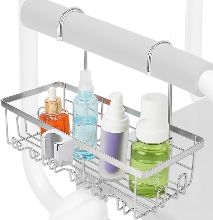 2-In-1hanging shower chair caddy : Holder Organizer Rustproof Shower Chair Accessories for tub bath room with arms chair storage basket shelf fit Seniors Elderly Disabled Patient Pregnant(Silver)