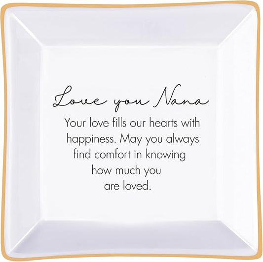 PUDDING CABIN Nana Gift – Trinket Dish with “Love You Nana, Your Love Fills Our Hearts” – Gift for Nana, Grandma – Birthday, Mother’s Day, Christmas, Thank You, Appreciation Gift – 4x4 Inch