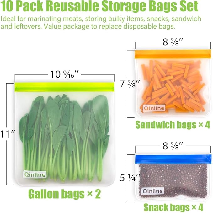 Reusable Food Storage Bags - 10 Pack Freezer Bags, Reusable Bags Silicone, Extra Thick Leakproof Reusable Lunch Bag for Salad Fruit Snack Travel - 2 Gallon 4 Sandwich 4 Snack Bags