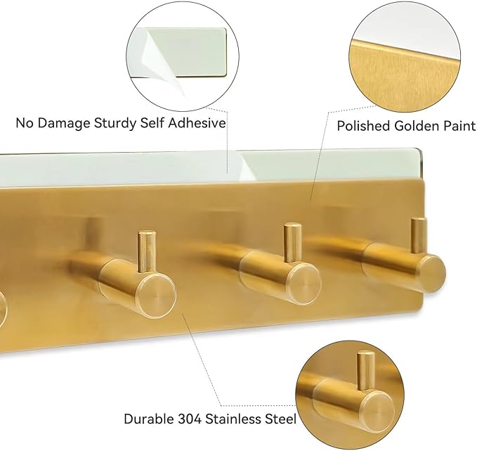 Self Adhesive Key Hook Rack with 4 Hooks for Keys, Masks - Wall Mounted Entryway, Hallway Hanger - Gold