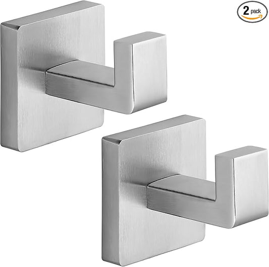 Heavy Duty Stainless Steel Towel Hooks, Wall Mounted Square Robe Hooks for Bathroom, Kitchen, Bedroom, Hotel Brushed Nickel 2 Pack