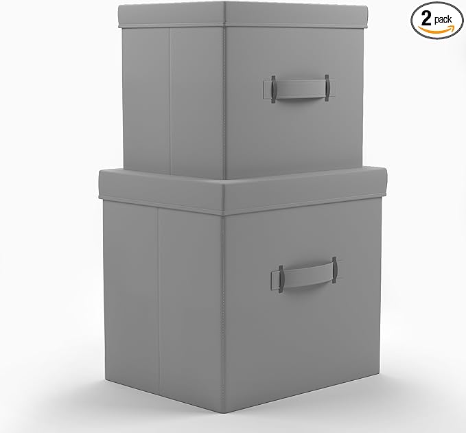Martha Stewart Essential Collapsible Stackable Decorative Home Storage Organization With Lidded Tops, Set of 2 Nesting Boxes with Lids, Grey