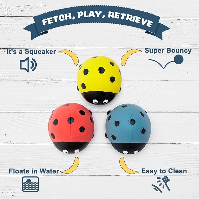 3 Pack Squeaky Dog Toys for Medium Dogs, Soft Latex Squeaky Dog Ball, Cute Funny Squeak Ladybug Pet Toys