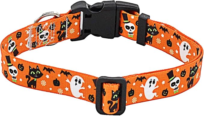 Halloween Dog Collar - Pumpkin Bat Ghost Pattern - Adjustable for Small Medium Large Dogs(Halloween,L)