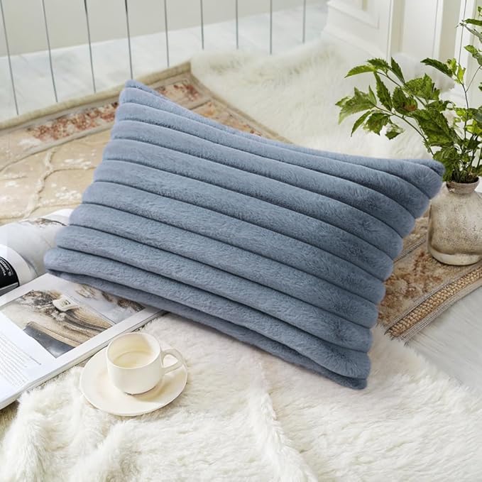 decorUhome Faux Fur Spring Throw Pillow Covers 12x20 Set of 2, Decorative Soft Plush Striped Lumbar Neutral Couch Pillow Covers with Velvet Back for Sofa, Bed, Living Room Home, Grey Blue