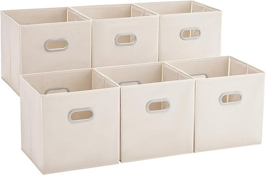 MAX Houser 6 Pack Foldable Fabric Storage Bins with Handles - Ideal for Closet Organization, Bedroom and Nursery（ Beige, 12"x12"x12"）