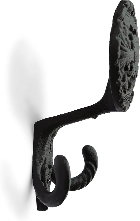 Ambipolar 3-Pack Fleur de lis Plate Style Coat Hooks, Vintage Black Hooks for Coats, Hats, and More, Sturdy Cast Iron Construction, Rustic Farmhouse Theme, Easy Installation Versatile and Durable