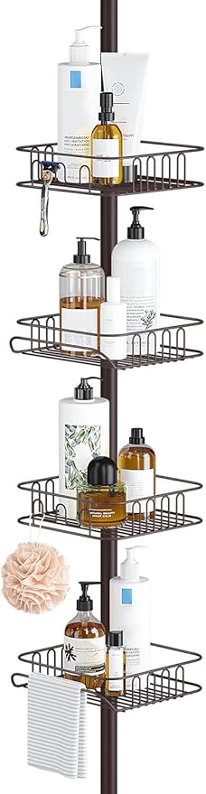 SEIRIONE Rustproof Shower Caddy Corner and Shower Organizer Corner for Bathroom,Corner Shower Caddy Tension Pole with 4 Adjustable Baskets for Shower Accessories, 34 to 116 Inch Height, Oil Bronze