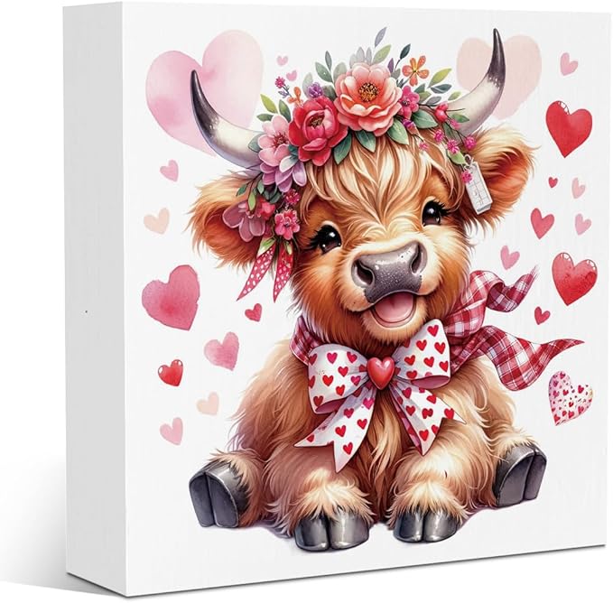 Valentine Decorations for Home Highland Cow Valentine Decor Valentines Day Decorations for Table Valentine's Day Decor Gifts for Boyfriend Girlfriend 5 X 5 Inches