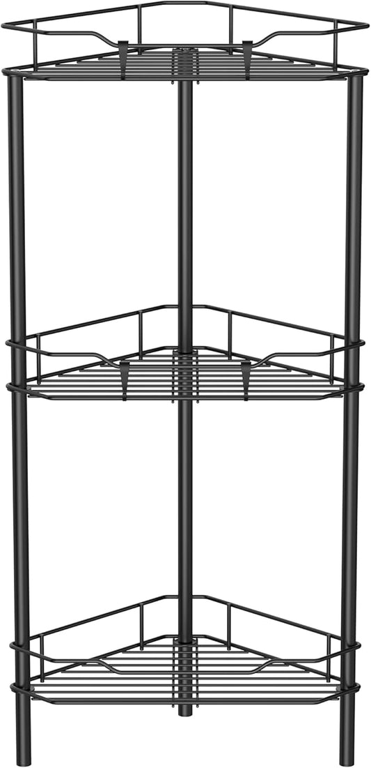 3 Tier Floor Standing Corner Shower Caddy Organizer Shelf with Hooks, Bathroom Shelves Stand Rack, Black