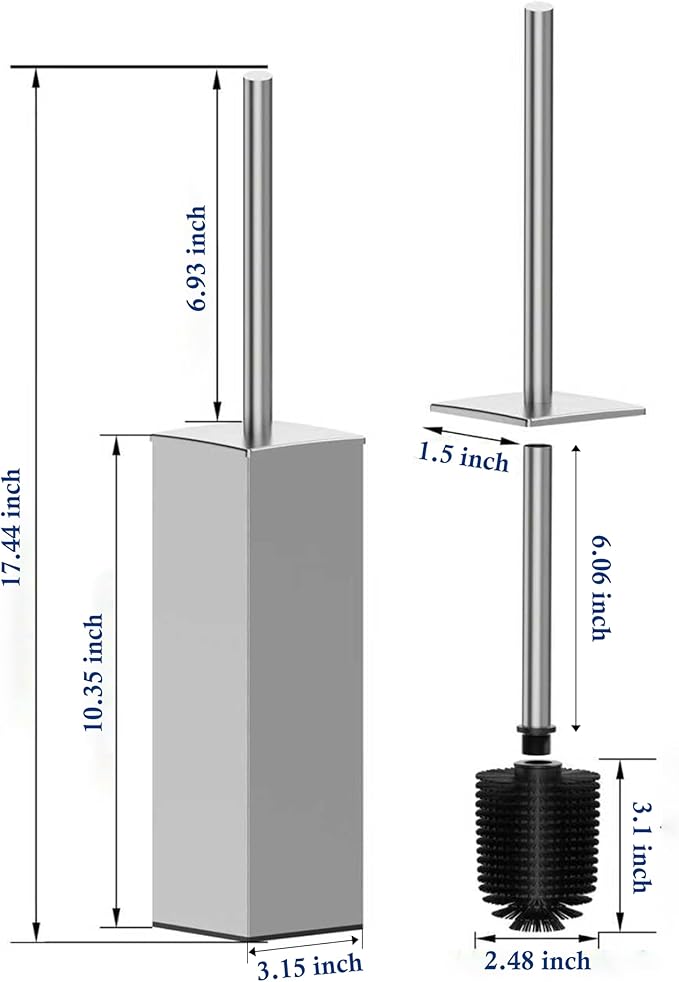 RUACQ Toilet Brush and Holder Set,Square Toilet Bowl Brush for Bathroom with 304 Stainless Steel Handle Toilet Cleaner Brush with Durable Scrubbing Bristles,Splash-Proof (Brushed Nickel)