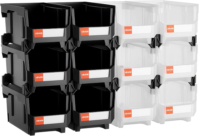 VEVOR Plastic Stackable Storage Bins, 14.8 x 8.5 x 7.1 inch (12 Pack), Plastic Containers for Organizing & Storage Bins for Garage, Small Parts, Office Supplies, Other Accessories, Black & Transparent
