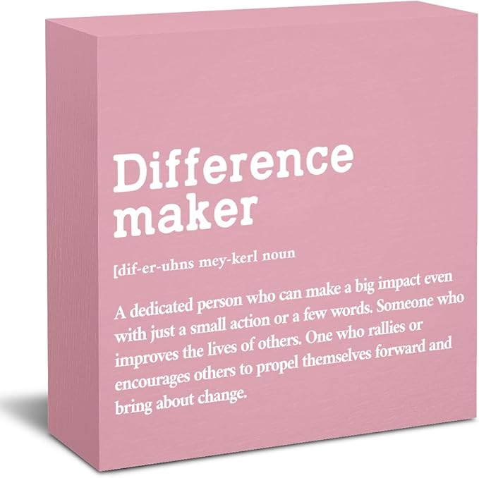 Difference Maker Definition Home Office Decor Wooden Box Sign, Motivational Retirement Thank You Gifts for Women Teacher Boss Lady Mom Coworker Farmhouse Desk Decor Table Shelf Wall Display, Pink