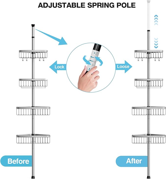 Corner Shower Caddy Tension Pole: Adjustable Rustproof 4-Tier Inside Bathroom Organizer - 47-121 inch Quick Installation Bathtub Shelves for Shampoo Storage - Rod Floor Standing Bath Rack