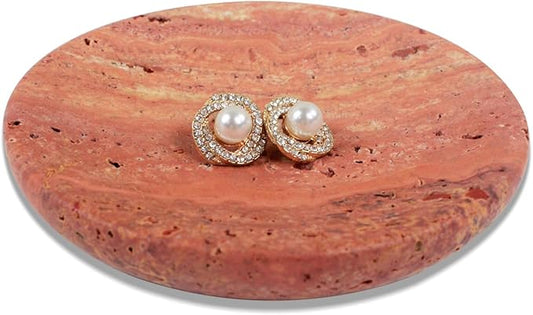 𝟏𝟎𝟎% Round Marble Ring Dish, Stone Jewelry Holder,Trinket Dish Tray Ring Holder, Nightstand Decor,Sponge Holder for Bathroom Kitchen Sink (Red Travertine)