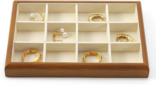 Oirlv Solid Wood 12 Grid Jewelry Organizer Tray Jewelry Drawer Organizer for Rings Earrings Storage Display(Creamy-white)