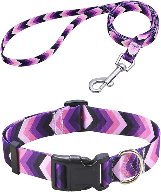 Dog Collar and Leash Set with Bohemia Floral Tribal Geometric Patterns - Soft Ethnic Style Collar Adjustable for Small Medium Large Dogs(Purple Arrow Set,S)