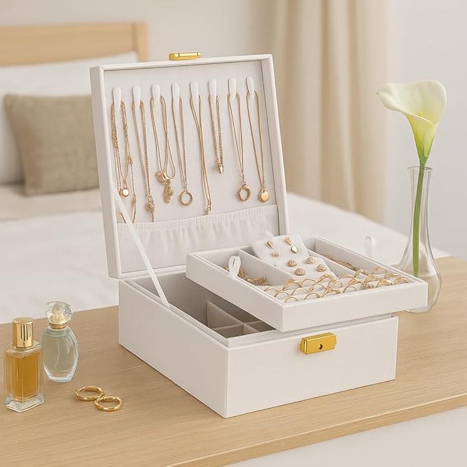 Prestige & Fancy 2 Layer Woman Jewelry Box, Jewelry Organizer For Woman, Men & Girls Large Case 8.5x7.5x3.3in | PU Leather Black Jewelry Gift Storage Boxes For Ring, Necklace & Bracelet With Lock